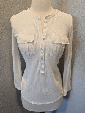 J. Crew Women's Cream Button-Up Henley Safari Pocket Y2K Top Bella Swan Like XXS